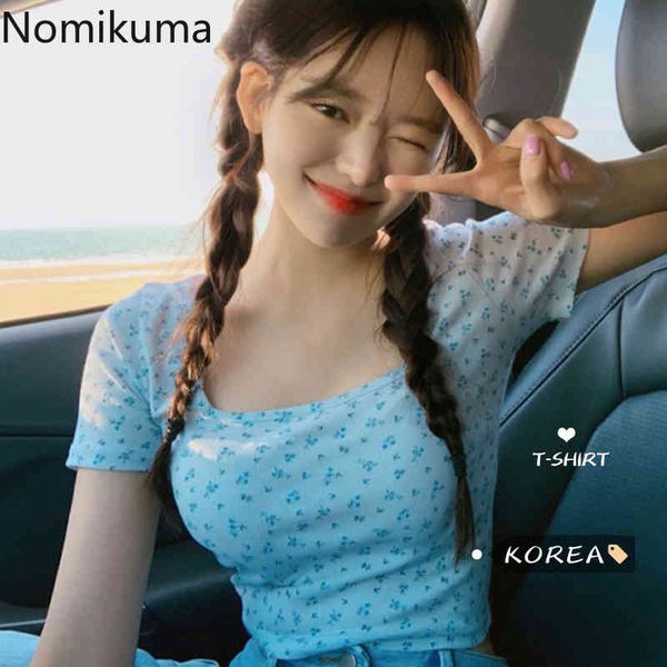 

nomikuma summer tees square collar short sleeve cropped slim waist floral printed t shirts women casual streetwear tshirts 210514, White