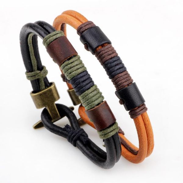

beaded, strands vintage alloy hook charm bracelet handmade genuine leather bracelets brand fashion punk cuff for women men, Black