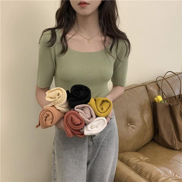 

women's t-shirt square collar knitted short-sleeved summer slim-fit ice silk thin slimming bottoming shirt scheming collarbone, White