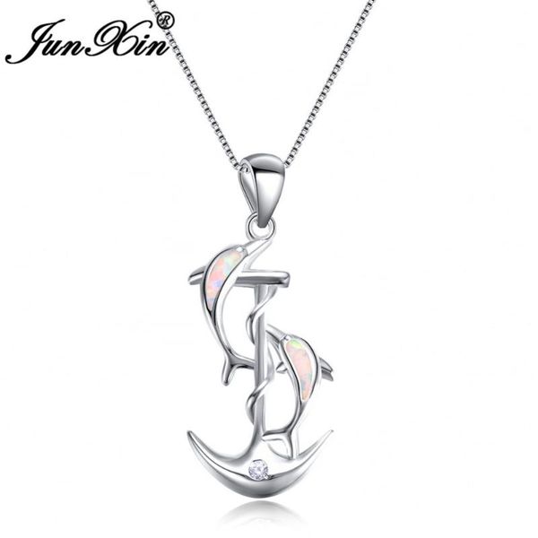 

pendant necklaces junxin white fire opal dolphin fahion anchor necklace for women silver color jewelry valentine's day gift