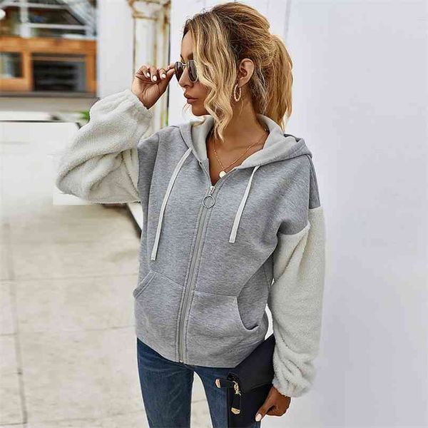 

autumn winter hooded zipper jacket coat women casual drawstring plush patchwork long sleeve pockets thick loose hood 210522, Black;brown