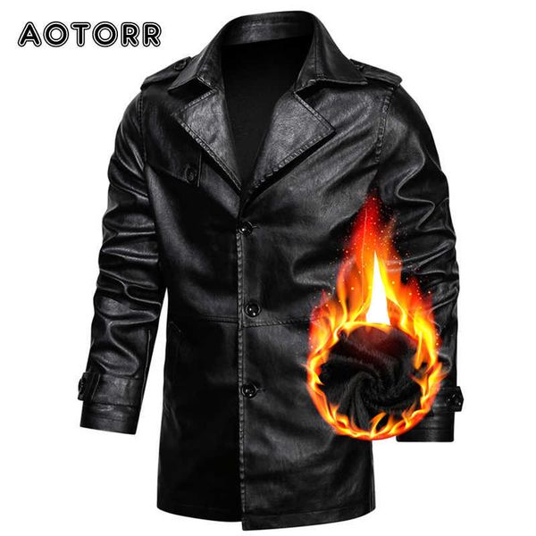 

thick men leather jacket long overcoat mens trench coat bussiness turndown collar black leather jacket fashion clothing 4xl 211009
