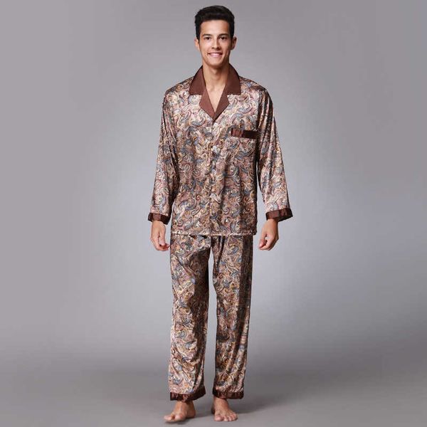 

yaoting pajamas men's spring and summer silk ice silk long sleeve home clothes thin spring and autumn home suit 073, Black;brown