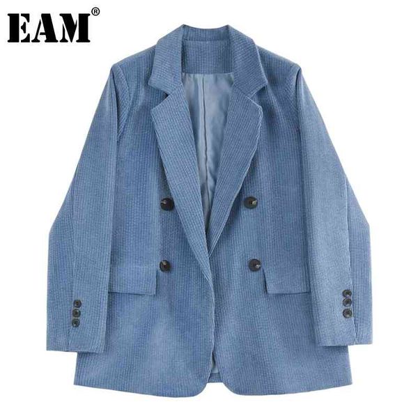

[eam] women blue big size corduroy casual blazer lapel long sleeve loose fit jacket fashion spring autumn 1dd7112 210512, White;black