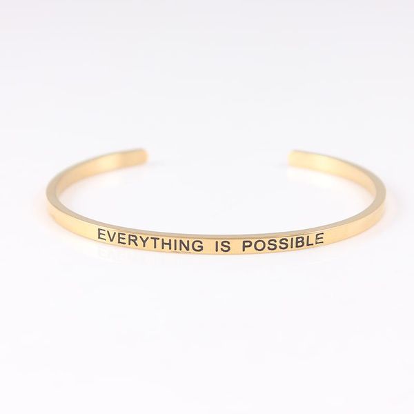 

bangle everything is possible gold color 316l stainless steel bar positive inspirational quote cuff mantra bracelets for women, Black