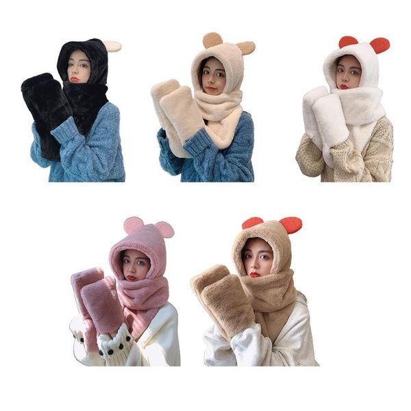 

beanie/skull caps cute bear ears plush hat scarf 3 in 1 gloves set sweet ear protection coldproof birthday gift for teen girls, Blue;gray