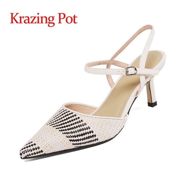 

krazing pot high heel shallow pointed toe weave gentlewomen energy beauty girls daily wear dance perty slip on sandals women l90 dress shoes, Black