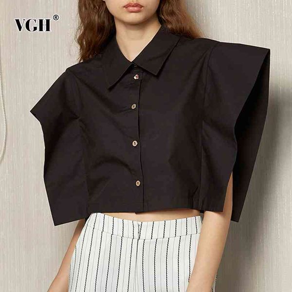 

vgh solid casual short shirt for women lapel bat sleeve patchwork buttons high waist loose shirts female summer tide 210421, White