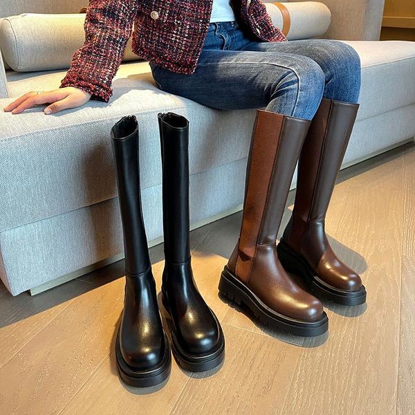 

boots 2021 autumn women's zipper stitching heightening fashion winter spring ladies genuine leather knee high, Black