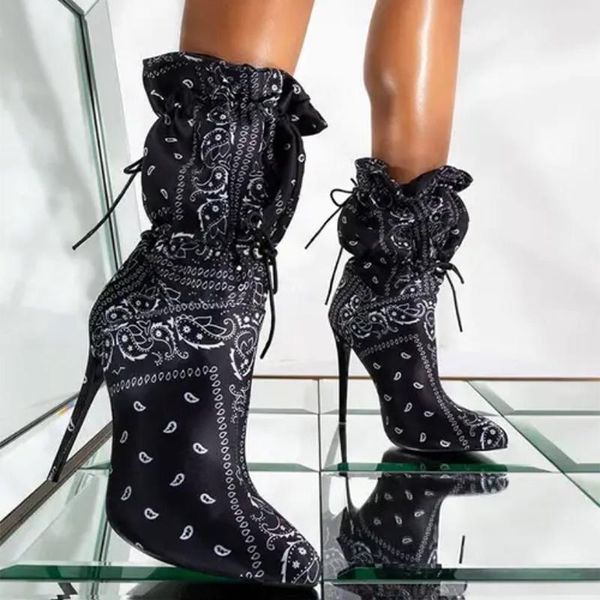 

boots 2021 fashion women high heel elastic lace up ankle night club thin ladies autumn woman shoes, Black