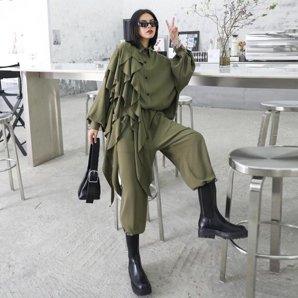 

wide leg pants ruffles big size two piece suit lapel long sleeve black loose women fashion spring autumn 2021 fs051 women's, White