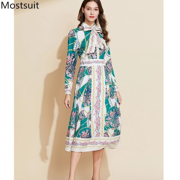 

spring runway fashion printed long dress women sleeve bow collar vintage party office female dresses vestidos mujer 210518, Black;gray