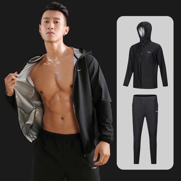 

gym clothing sauna suit slimming men zipper hoodies set for weight loss running fitness training sweating sportswear workout, White;black
