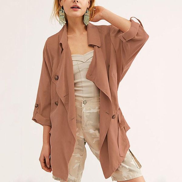 

women's jackets autumn short trench coat women casual loose windbreaker asymmetric button drawstring slim waist overcoats w219, Black;brown