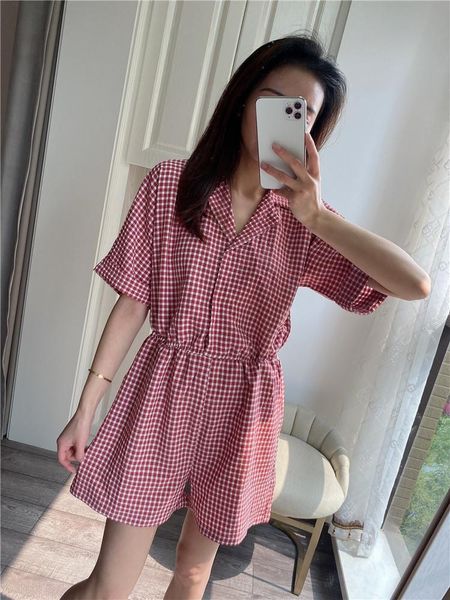 

women's jumpsuits & rompers spring/summer women jumpsuit 2021 fashion casual loose plaid short sleeve v-neck shorts, Black;white