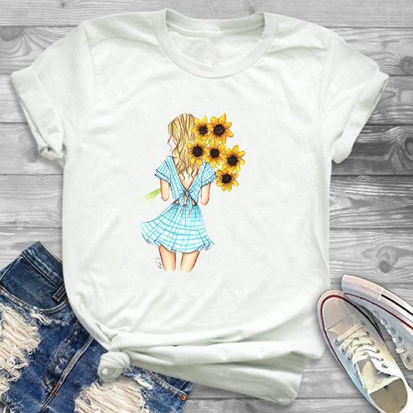 

women's t-shirt women clothing sunflower painting flowers streetwear tee shirt tees t-shirts womens female graphic t, White