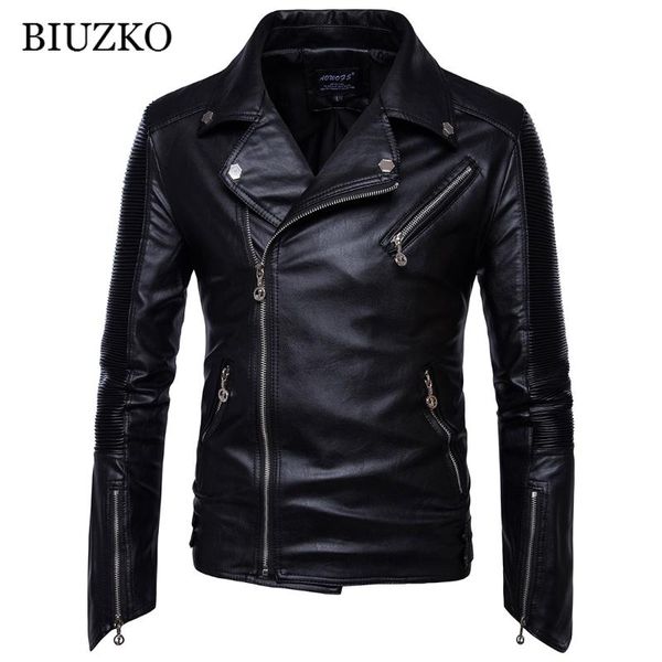 

men's fur & faux moto biker autumn men leather jacket solid turn-down collar mens pu jackets slim zippers motorcycle coat, Black