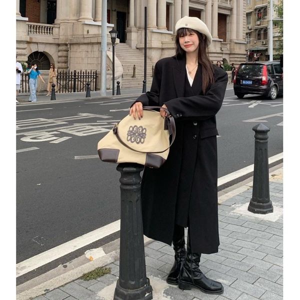 

women's trench coats french casual and versatile long suit coat chic fashionable sleeved in spring autumn 2021, Tan;black