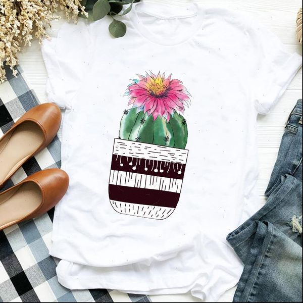 

plant cactus flower 90s girl women t shirt cute printing short sleeve tee womens female clothes graphic, White