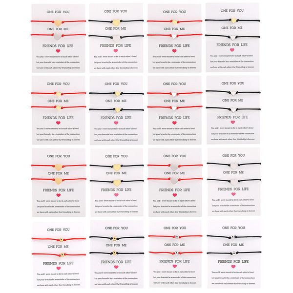 

2pcs/lot diy stainless steel love heart pendant bracelets set adjustable braided string jewelry for couples friends with wish card, Golden;silver