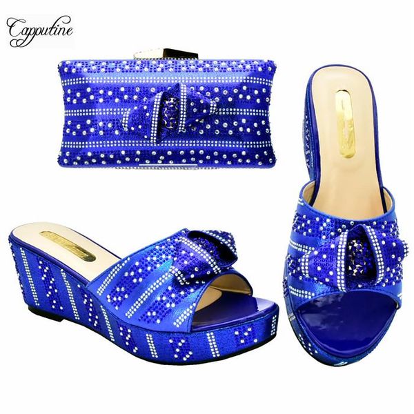 

dress shoes amazing royal blue african wedge heel with bag set latest slipper purse handbag for party 333-3, height 7cm, Black