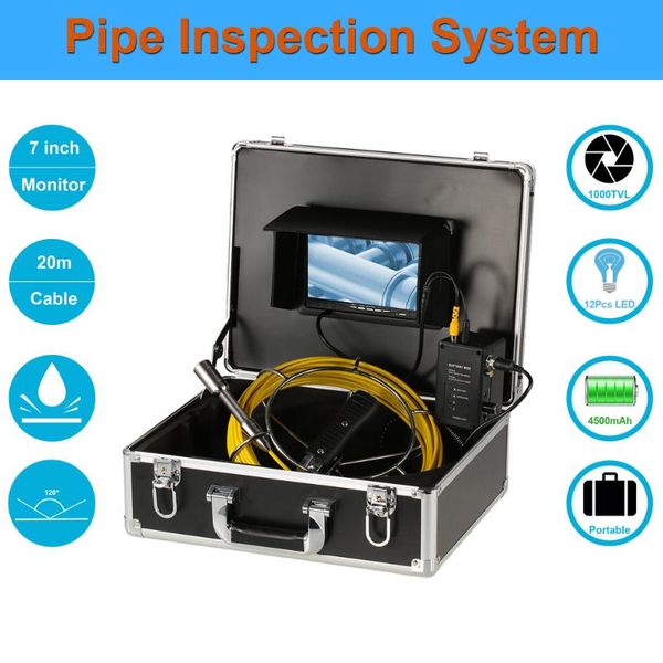 

factory price 20m fiberglass cable 7" monitor waterproof sewer drain pipe inspection camera system with 23mm head ip cameras