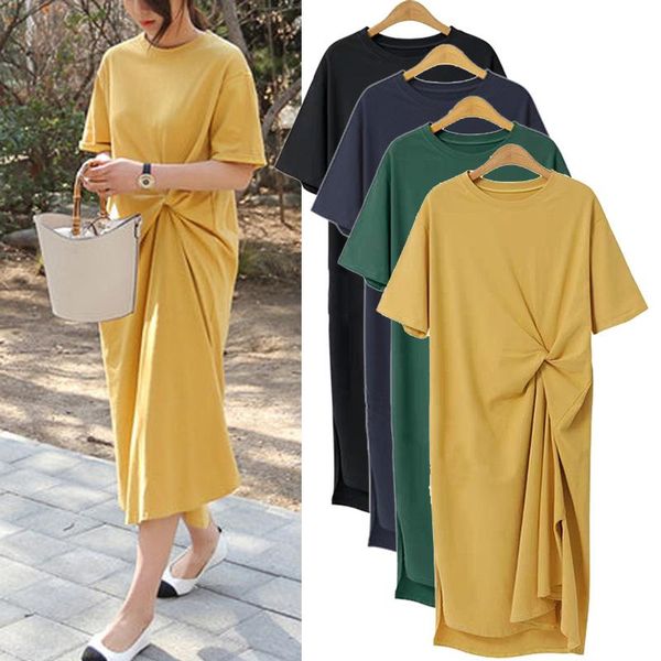

women's swimwear 2021 plus size mid-length dress girl's solid color pure cotton loose casual split short-sleeved t-shirt over-the-, White;black