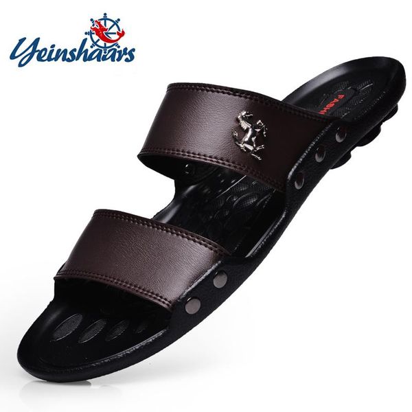

slippers yeinshaars casual men sandals shoes summer flip flops beach leather sandalias zapatos hombre, Black