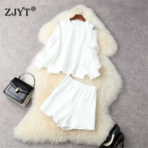 

women fashion designer spring 2 piece outfits elegant solid white loose hoodies and shorts suit matching sets casual 210601