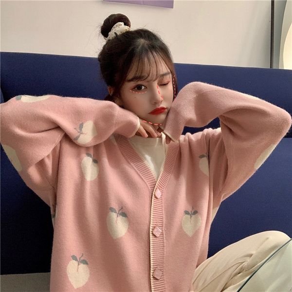 

women's knits & tees sweater cardigan cute pink coat women peach pattern knitted oversized jacket korean autumn long sleeve pull f, White