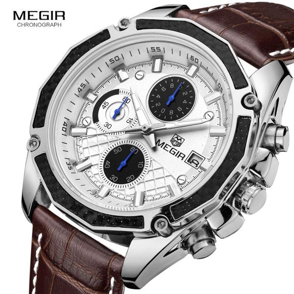 

wristwatches megir quartz male watches genuine leather racing men students game run chronograph watch glow hands for man 2021g, Slivery;brown
