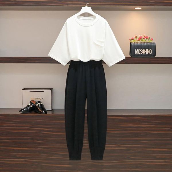 

plus size tracksuits sports two piece set clothes summer 2021 casual solid color loose t shirt and wide leg pants suit women cloth big