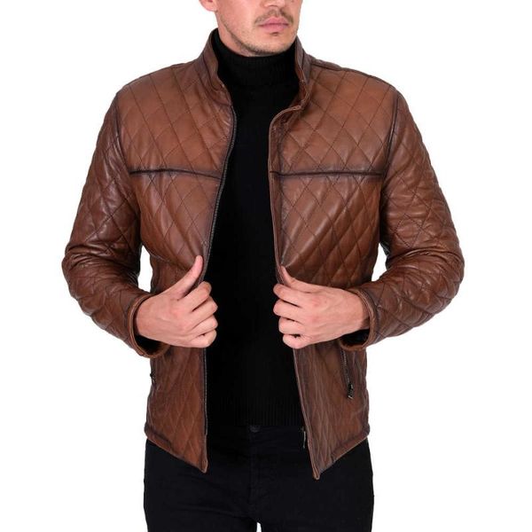 

men's leather & faux slim genuine fit quilted brown winter coat jacket, Black