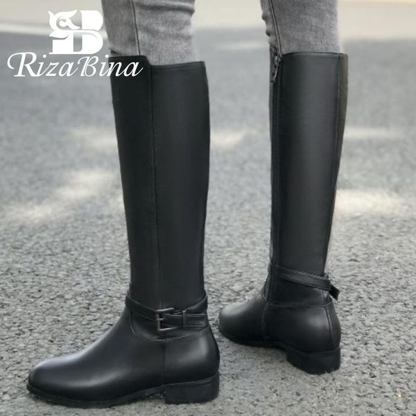 

boots rizabina real leather women knee high shoes thick heels winter long boot fashion outdoor female footwear size 34-39, Black