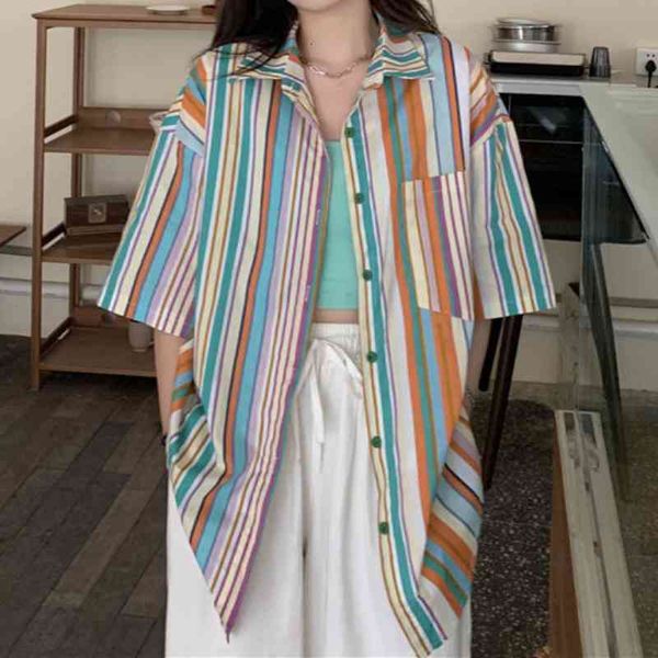 

women's blouses & shirts deeptown summer striped woman's shirt vintage short sleeve fashion rainbow beach style long clothing desi, White