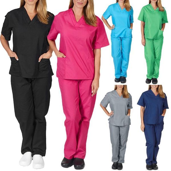 Calças femininas Capris cor sólida unissex homens mulheres manga curta decote em V Enfermeiras Scrubs Tops+Calças Conjunto de Uniforme de Trabalho de Enfermagem Terno Health Ser1