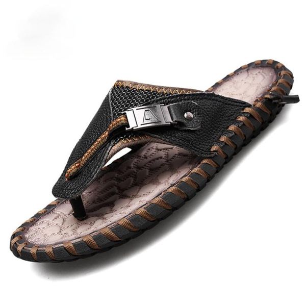 

slippers summer genuine leather men's casual flip-flops fashion sandals men shoes sandles slide beach sandalias hombre, Black