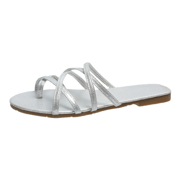 

summer style outer wear cross flat toe slippers female solid color thin belt leisure one-line sandals, Black