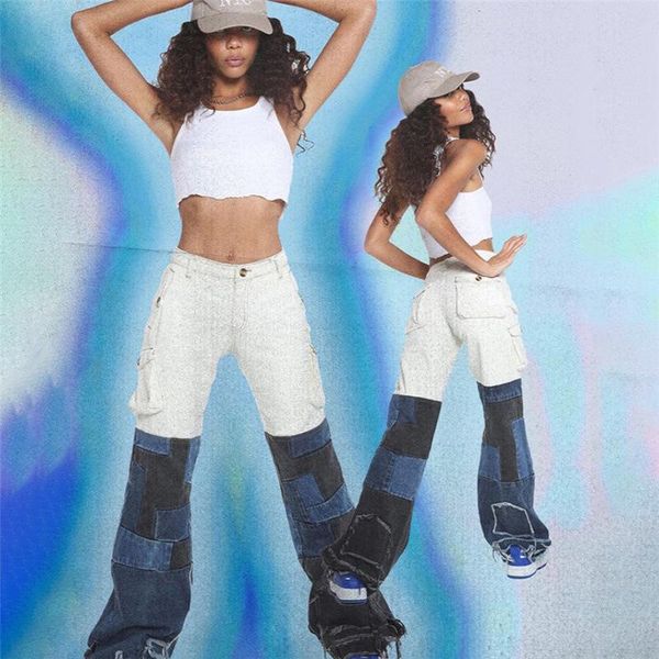 

women's jeans 2021 fall color patchwork pants streetwear long wide denim, Blue