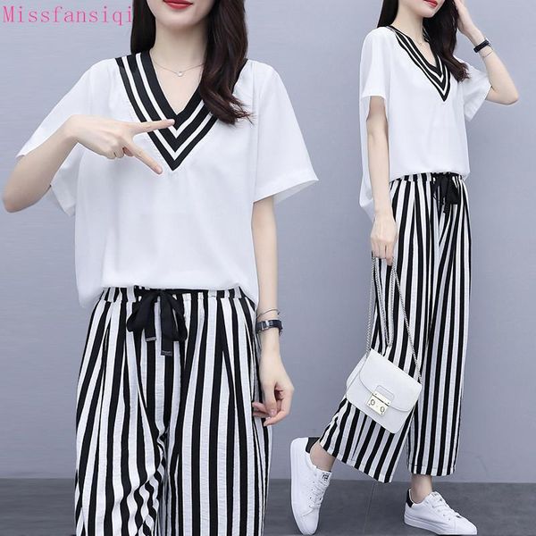 

hit summer tracksuit women striated patchwork v-neck shirt + black wide leg pants ladies suits female clothing women's two piece, White