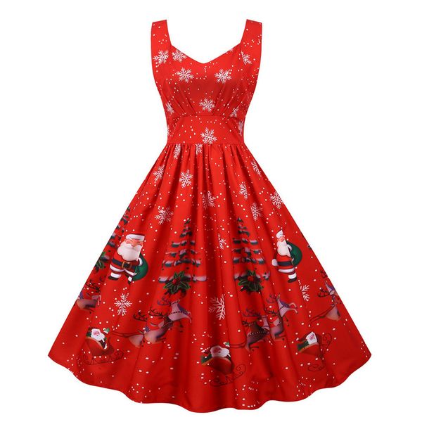 

winter 2021 ladies christmas dress noodle straps retro midi party robe santa claus snowflake printed clothes, Black;gray