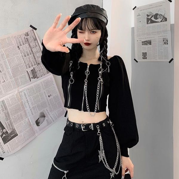 

women's t-shirt autumn black goth long sleeve crop women korean kpop vintage square collar white solid woman t shirts punk gothic cosp