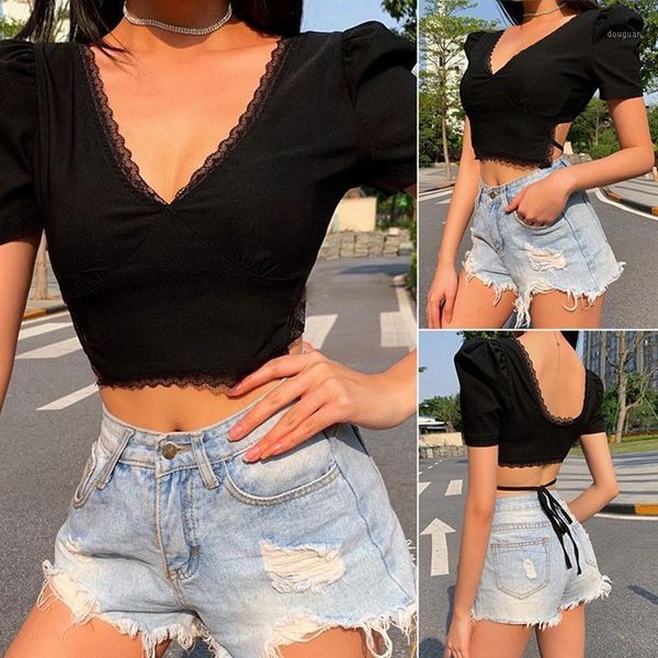 

women's t-shirt v neck t shirt short sleeve lace side bandage backless cropped women summer casual lady tee, White