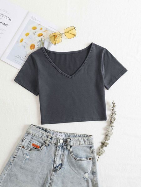 

v-neck solid crop tee k9sv#, White