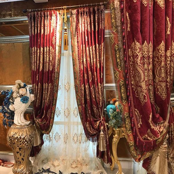 

european style red damascus chenille jacquard curtain living room bedroom balcony embroidery villa & drapes