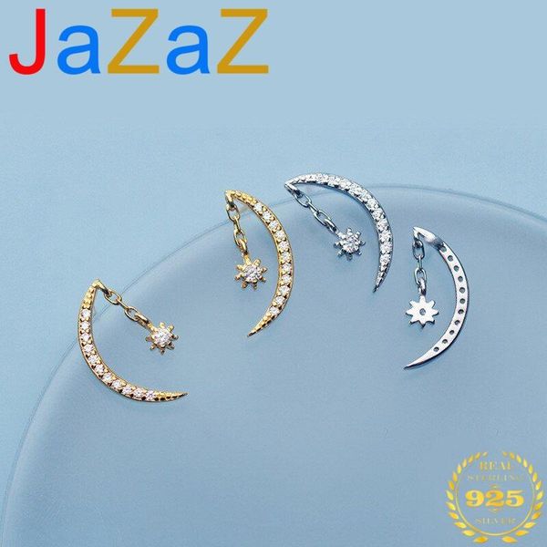 

korean 100% 925 sterling silver star moon stud earrings for women gold inlaid crystal zirconia crescent, Golden;silver