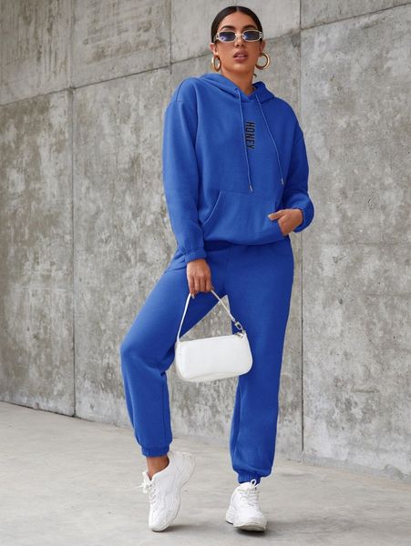 

drop shoulder letter graphic drawstring hoodie & pants set o4k2#, White