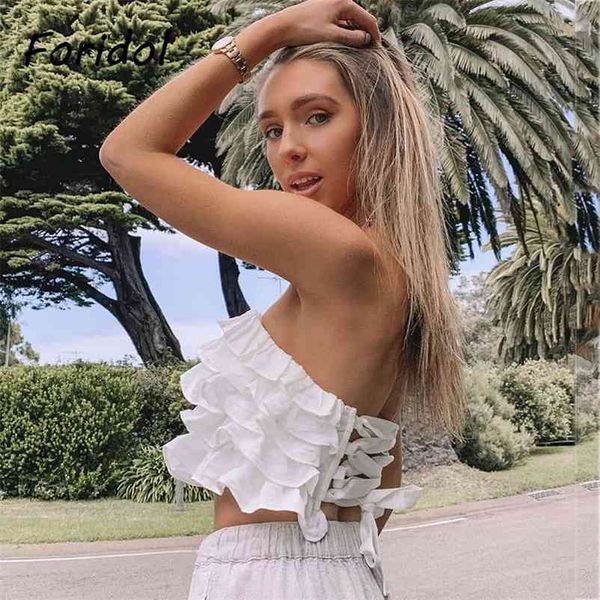 Foridol Ruffled Layered Lace Up Off Shoulder Crop Top Donna White Summer Beach Tube Top sexy Top senza maniche in lino casual 210415