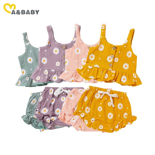 6 M-5Y Yaz Çiçek Toddler Bebek Çocuk Kız Giysileri Set Düğmeler Yelek Üstleri Ruffles Yay Şort Bloomers Yumuşak Kıyafetler 210515