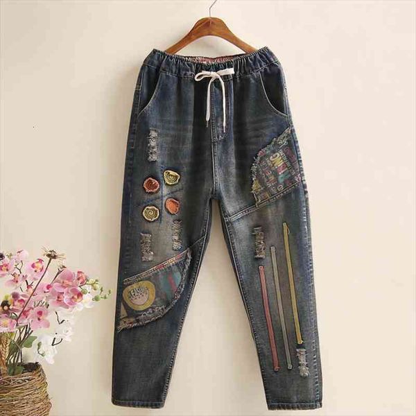 

autumn embroidery retro high waist womens jeans nine points cowboy trousers large size denim harlan pants femme126, Blue